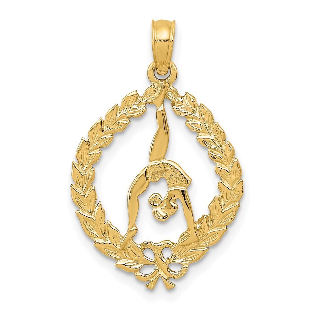 10k Yellow Gold Sports Theme Solid Polished Framed Gymnast WreathPendant